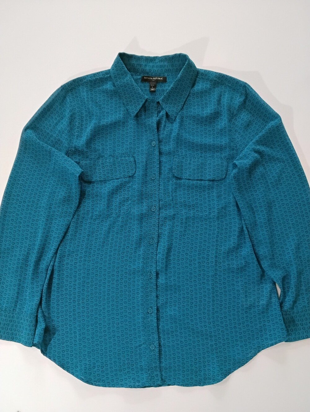 Banana Republic Button Down Heart Print Shirt Womens LP Green Black Office Casua